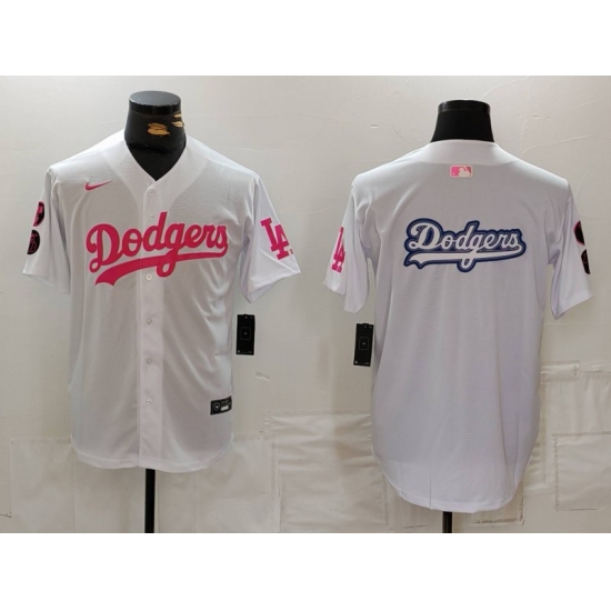 Men Los Angeles Dodgers Team Big Logo White Pink Vin  26 Kobe Patch Stitched Baseball Jersey 7