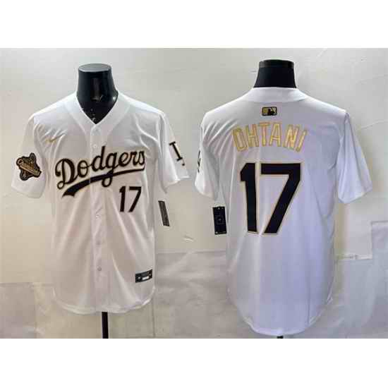 Men Los Angeles Dodgers 17 Shohei Ohtani White Gold 2025 World Series Champions Patch Limited Stitched Baseball Jersey