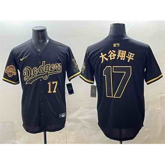 Men Los Angeles Dodgers 17  Shohei Ohtani Black Gold 2025 Back to Back Champions Patch Limited Stitched Baseball Jersey
