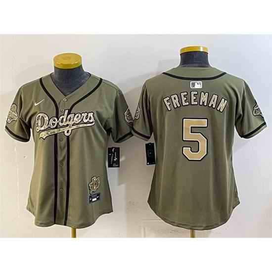 Women Los Angeles Dodgers  5 Freddie Freeman Olive 2026 Military Appreciation Game Day Stitched Baseball Jersey