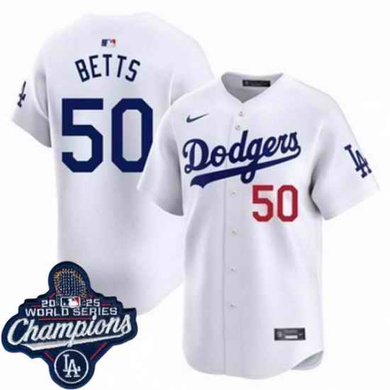 Men Los Angeles Dodgers 50 Mookie Betts Cool Base 2025 World Champions Stitched Baseball Jersey White