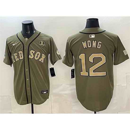 Men Boston Red Sox  12 Connor Wong Olive Armed Forces Day Cool Base Stitched Baseball Jersey