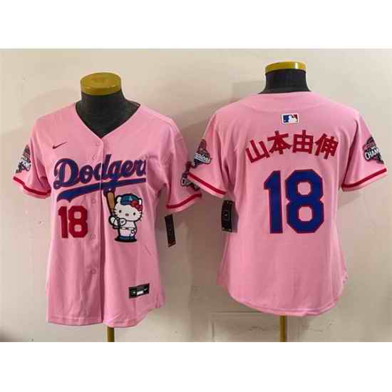 Women Los Angeles Dodgers  18 Yoshinobu Yamamoto Pink Hello Kitty Night 2025 World Series Champions Patch Stitched Baseball Jersey