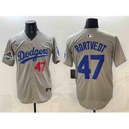 Men Los Angeles Dodgers 47 Ben Rortvedt Grey 2025 World Series Champions Patch Limited Stitched Baseball Jersey