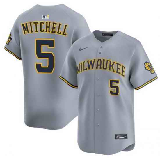 Men Milwaukee Brewers Garrett Mitchell #5 Home Gray Stitched Limited Jersey