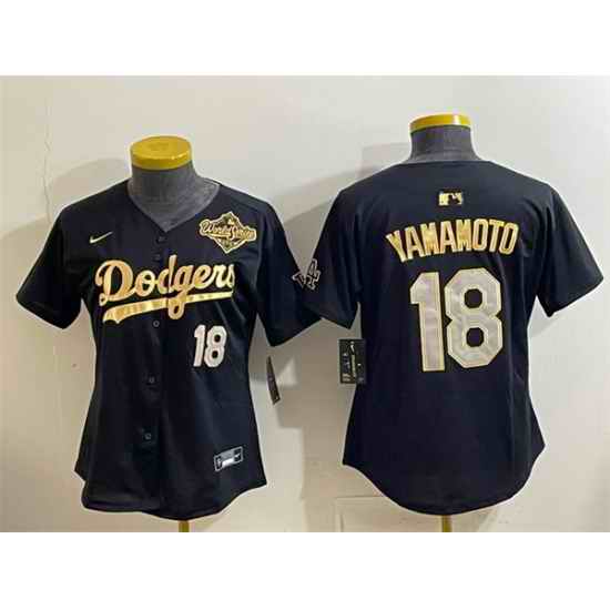 Youth Los Angeles Dodgers 18 Yoshinobu Yamamoto Black Gold 2025 World Series Patch Limited Stitched Baseball Jersey