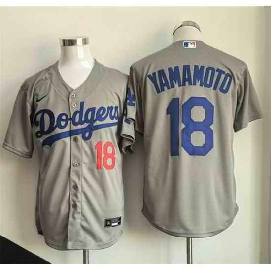 Men Los Angeles Dodgers 18 Yoshinobu Yamamoto Grey Cool Base Stitched Baseball Jersey