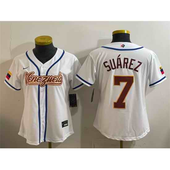 Youth Venezuela Baseball  7 Eugenio Suarez White 2026 World Baseball Classic Home Stadium Stitched Baseball Jersey