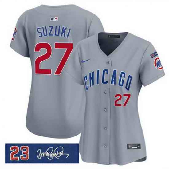Women Chicago Cubs 27 Seiya Suzuki Gray Ryne Sandberg Tribute Vapor Limited V3 Stitched Baseball Jersey