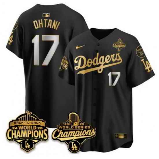 Men Los Angeles Dodgers 17 Shohei Ohtani Black Gold 2025 World Series Champions  26 Back to Back Champions With No 34 Patch Limited Stitched Baseball Jerse