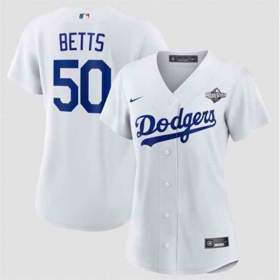 Women Los Angeles Dodgers 50 Mookie Betts White 2025 World Series Home Cool Base Stitched Baseball Jersey