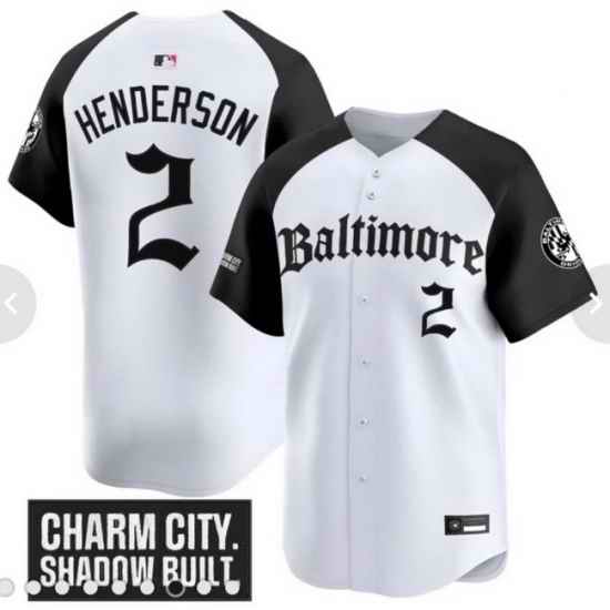 Men Nike Baltimore Orioles Gunnar Henderson #2 Charm City Shadow Built White Black Stitched Jersey