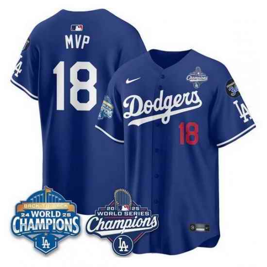 Men Los Angeles Dodgers 18 Yoshinobu Yamamoto Royal 2025 World Series Champions  26 Back to Back Champions With No 34 Patch Limited Stitched Baseball Jerse