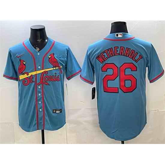 Men St  Louis Cardinals  26 JJ Wetherholt Blue Cool Base Stitched Baseball Jersey