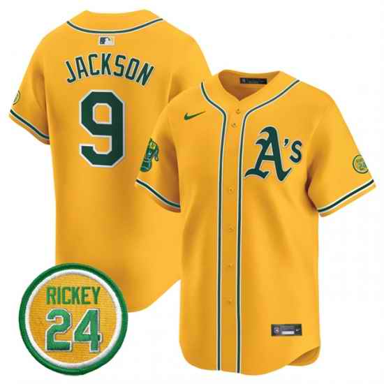 Men Oakland Athletics 9 Reggie Jackson Yellow 2024 Limited With Rickey Henderson Patch Stitched Jersey