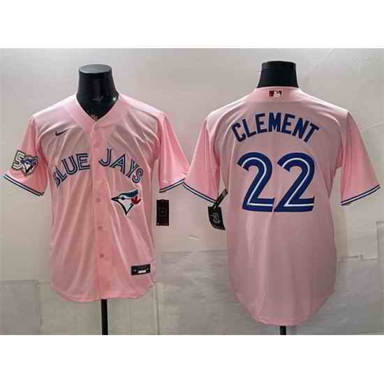 Men Toronto Blue Jays  22 Ernie Clement Pink 50 Seasons Patch Stitched Baseball Jersey