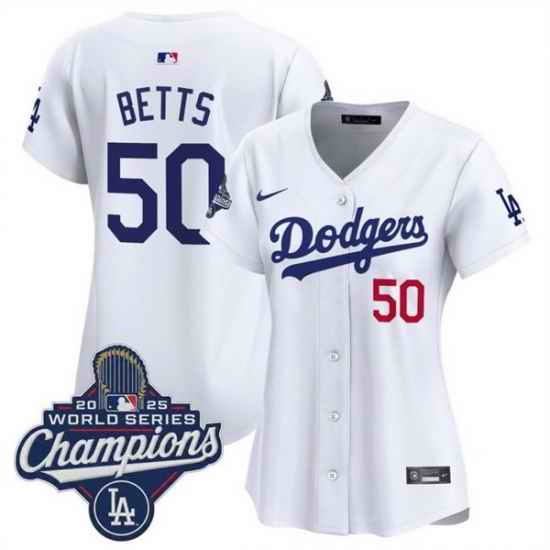 Women Los Angeles Dodgers 50 Mookie Betts White 2025 World Series Champions Home Cool Base Stitched Baseball Jersey