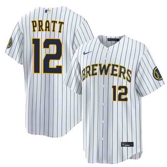 Men Milwaukee Brewers 12 Cooper Pratt Navy White Strips Stitched Baseball Jersey