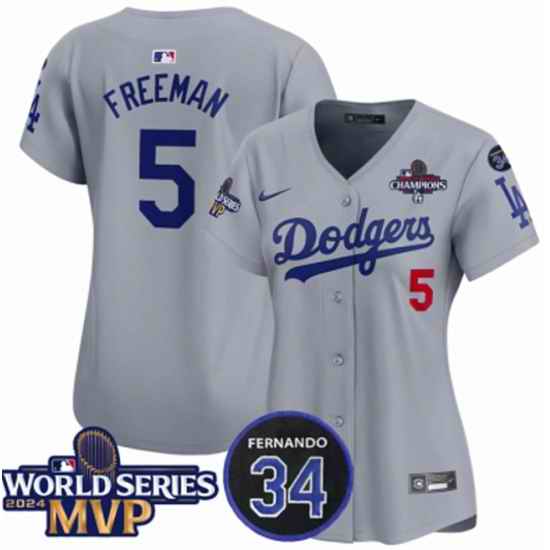 Women Los Angeles Dodgers 5 Freddie Freeman Grey 2024 World Series MVP  26 Fernando Memorial Patch Limited Stitched Baseball Jersey 28Run Small 29