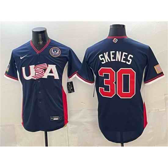 Men USA Baseball  30 Paul Skenes Navy 2026 World Baseball Classic United States 250th Anniversary Patch Road Stadium Stitched Jersey
