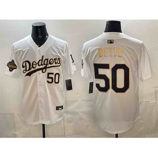 Men Los Angeles Dodgers 50 Mookie Betts White Gold 2025 World Series Champions Patch Limited Stitched Baseball Jersey
