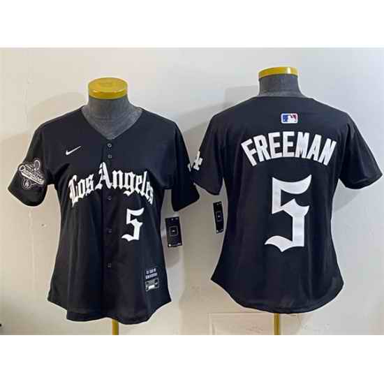 Women Los Angeles Dodgers 5 Freddie Freeman Black 2025 World Series Champions LA Gothic Edition Limited Stitched Baseball Jersey