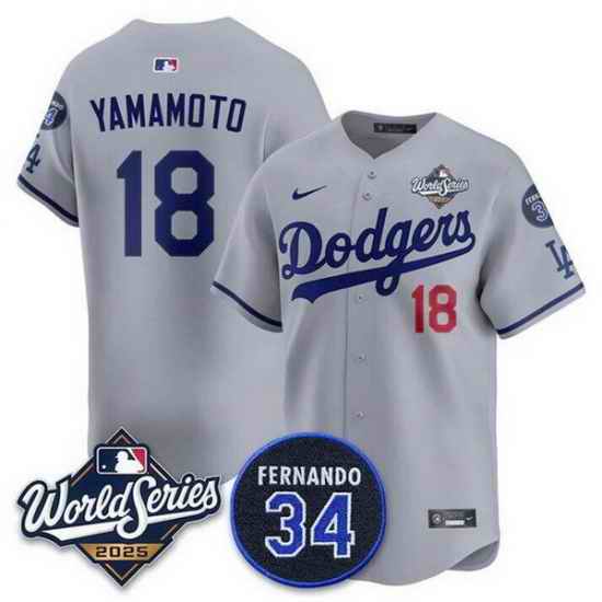 Men Los Angeles Dodgers 18 Yoshinobu Yamamoto Grey 2025 World Series With No 34 Patch Limited Stitched Baseball Jersey