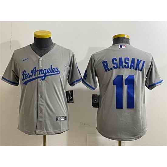 Youth Los Angeles Dodgers 11 Roki Sasaki Grey Cool Base Stitched Baseball Jersey