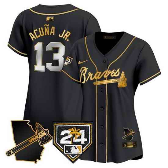Women Atlanta Braves 13 Ronald Acu F1a Jr  Black Gold 2024 Spring Training  26 Georgia Patch Vapor Limited Stitched Baseball Jersey