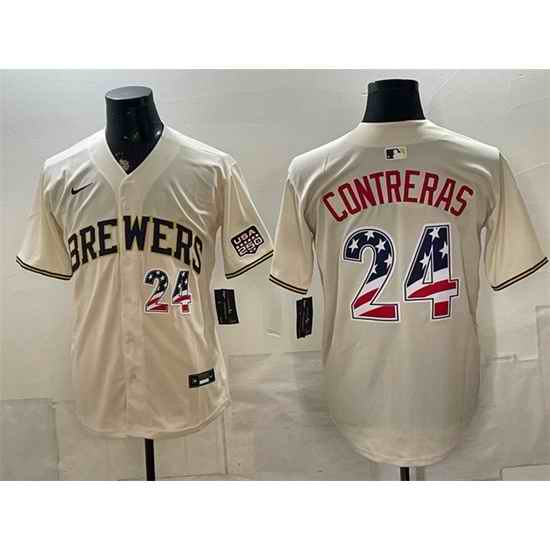 Men Milwaukee Brewers  24 William Contreras Cream 2026 USA 250 Fourth of July Home Stadium Stitched Baseball Jersey