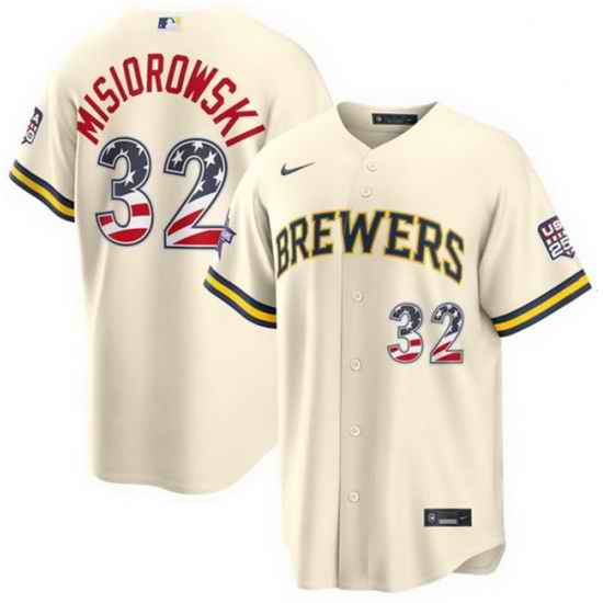 Men Milwaukee Brewers  32 Jacob Misiorowski Cream 2026 All Star Edition Stars   Stripes USA 250 Patch Stitched Baseball Jersey Stitched Baseball Jersey