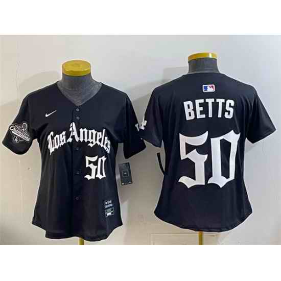 Women Los Angeles Dodgers 50 Mookie Betts Black 2025 World Series Champions LA Gothic Edition Limited Stitched Baseball Jersey