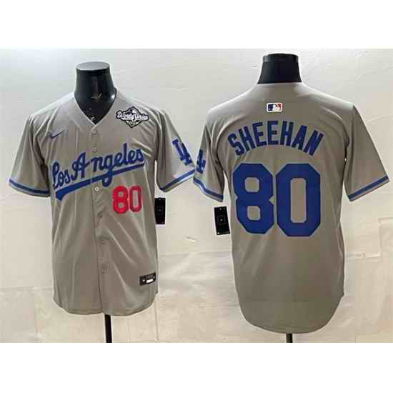 Men Los Angeles Dodgers 80 Emmet Sheehan Grey 2025 World Series Patch Limited Stitched Baseball Jersey