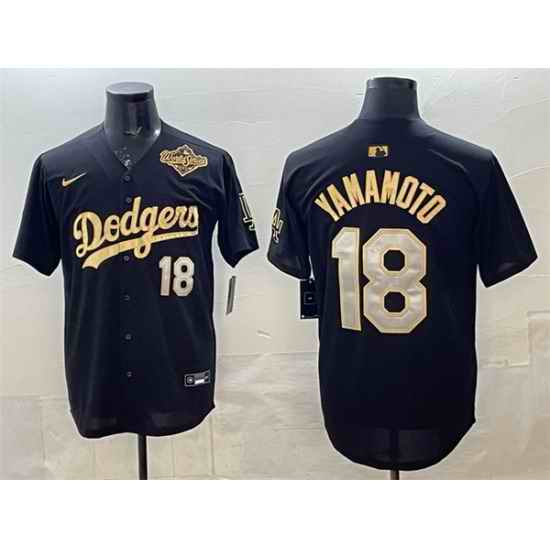 Men Los Angeles Dodgers 18 Yoshinobu Yamamoto Black Gold 2025 World Series Patch Limited Stitched Baseball Jersey