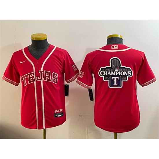 Youth Texas Rangers Team Big Logo Red 2026 City Connect Stadium Stitched Baseball Jersey 001
