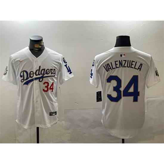 Men Los Angeles Dodgers 34 Toro Valenzuela White Gold 2024 World Series With Fernando Memorial Patch Home Limited Stitched Baseball Jersey
