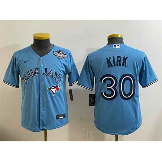Youth Toronto Blue Jays 30 Alejandro Kirk Blue 2025 World Series Cool Base Stitched Baseball Jersey