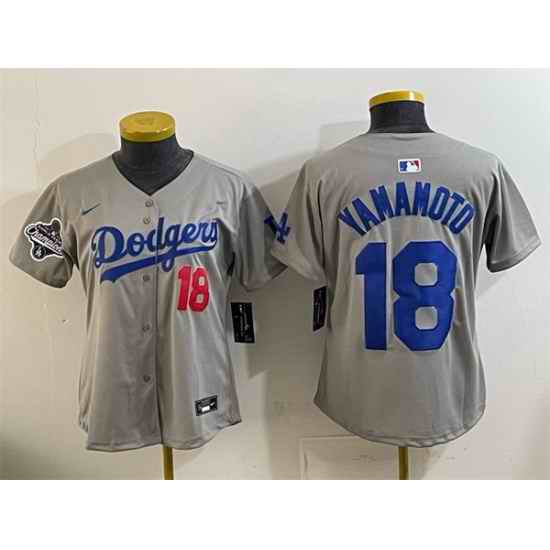 Women Los Angeles Dodgers 18 Yoshinobu Yamamoto Grey 2025 World Series Champions Patch Limited Stitched Baseball Jersey