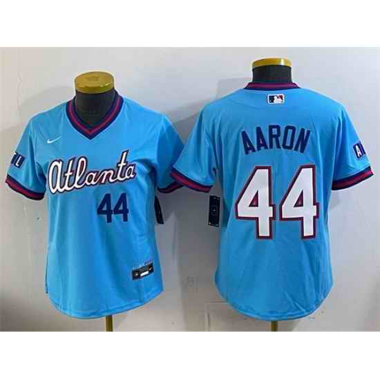Women Atlanta Braves  44 Hank Aaron Powder Blue 2026 City Connect Stadium Stitched Baseball Jersey