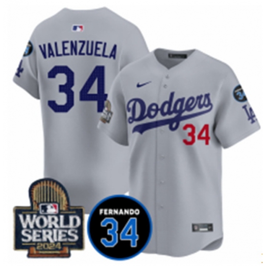 Men Los Angeles Dodgers 34 Toro Valenzuela Grey 2024 World Series With Fernando Memorial Patch Limited Stitched Baseball Jersey