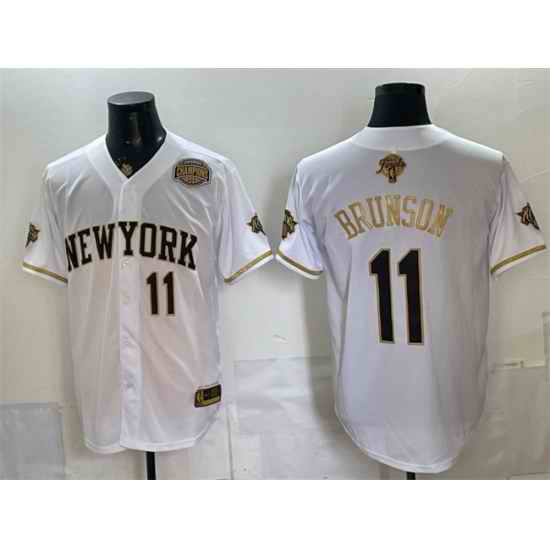 Men New York Knicks  11 Jalen Brunson White Gold 2026 Finals   Eastern Conference Champions Patch Stitched Baseball Jersey