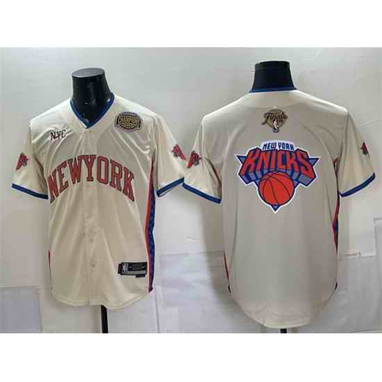 Men New York Knicks Team Big Logo Cream 2026 Finals   Eastern Conference Champions Patch Stitched Baseball Jersey