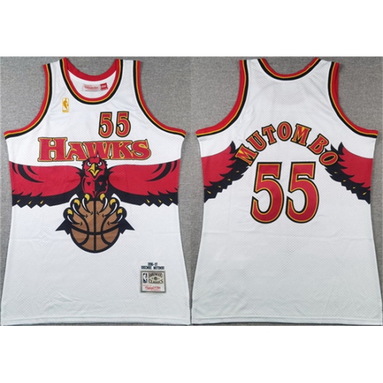 Men Atlanta Hawks 55 Dikembe Mutombo White 1996 97 Throwback Swingman Stitched Jersey