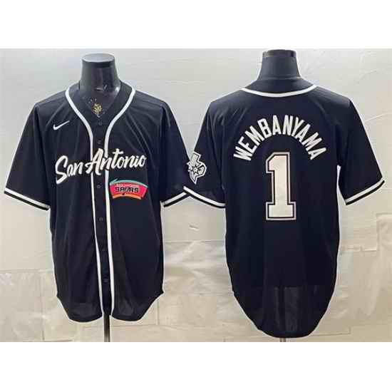 Men San Antonio Spurs  1 Victor Wembanyama Black Stitched Baseball Jerseys 001