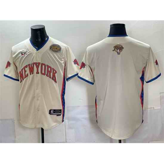 Men New York Knicks Blank Cream 2026 Finals   Eastern Conference Champions Patch Stitched Baseball Jersey