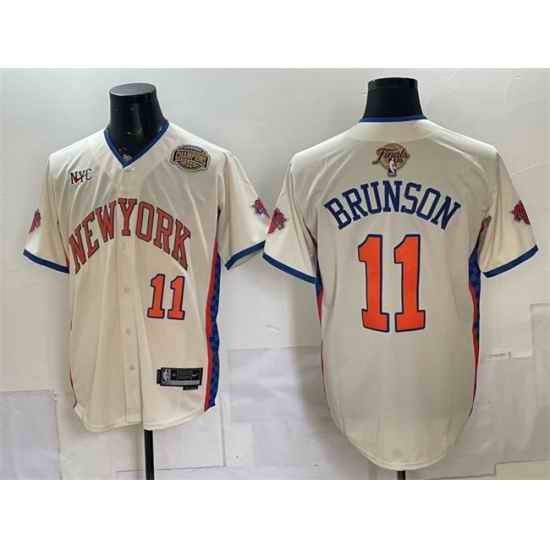 Men New York Knicks  11 Jalen Brunson Cream 2026 Finals   Eastern Conference Champions Patch Stitched Baseball Jersey