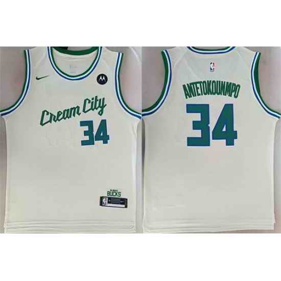 Men Milwaukee Bucks 34 Giannis Antetokounmpo Cream 2024 25 City Edition Stitched Basketball Jersey
