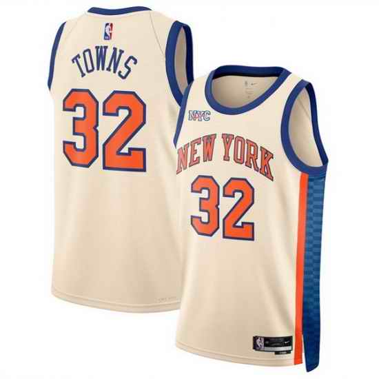 Men New Yok Knicks 32 Karl Anthony Towns Cream 2025 26 City Edition Stitched Basketball Jersey