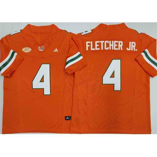 Men Miami Hurricanes 4 Mark Fletcher Jr  Orange F U S E  2026 Stitched Football Jersey