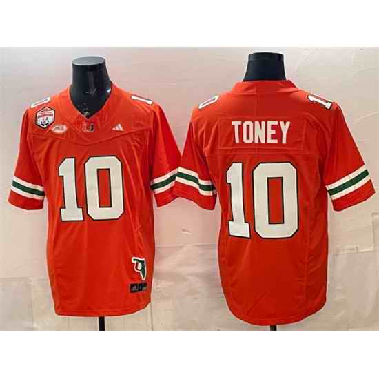Men Miami Hurricanes 10 Malachi Toney Orange F U S E  Fiesta Bowl Champions  26 Florida Patch Stitched Football Jersey